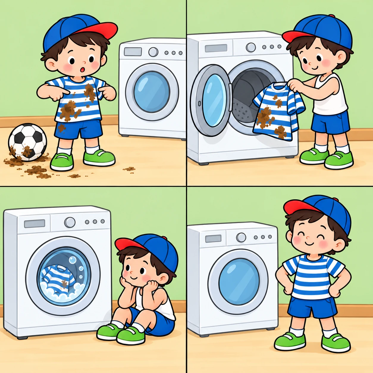 Çocuk, kirli çizgili tişörtünü açık çamaşır makinesine koyuyor.